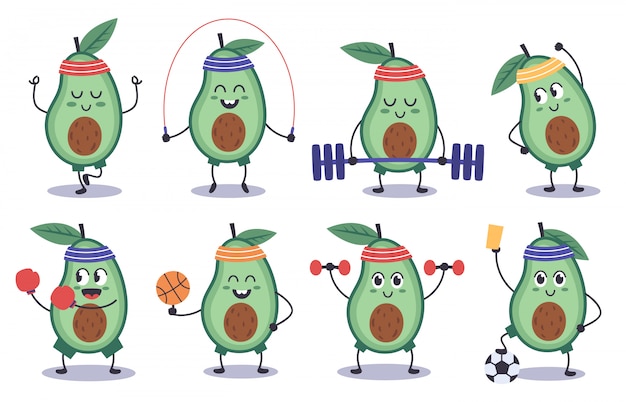 Avocado fitness. funny doodle avocado character do sport, meditation, play soccer, sports avocado mascot   illustration icons set. avocado cartoon food, fitness fruit healthy