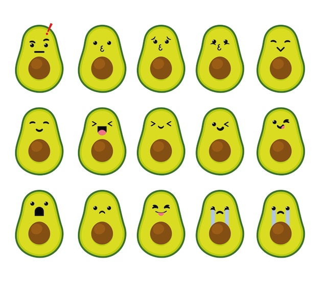다른 행동 감정의 아보카도 과일 귀여운 이모티콘 문자