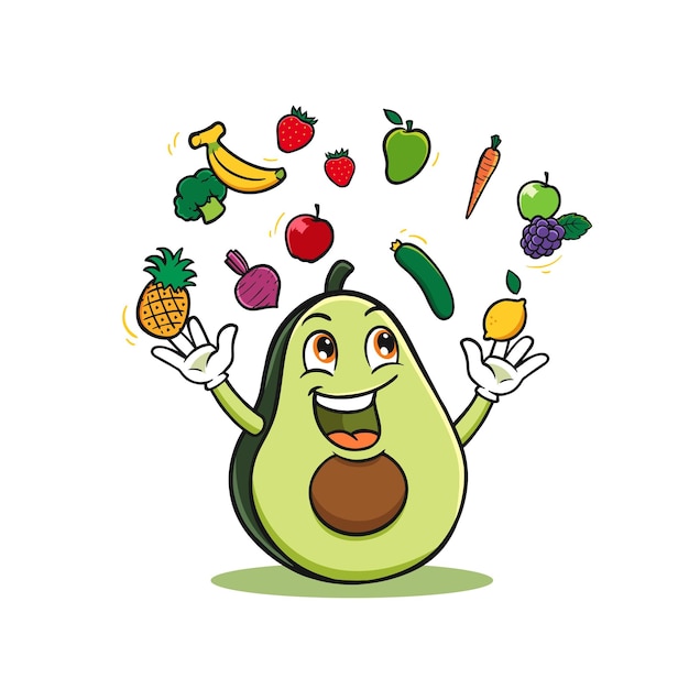 Vettore logo della mascotte degli avocado e dei frutti