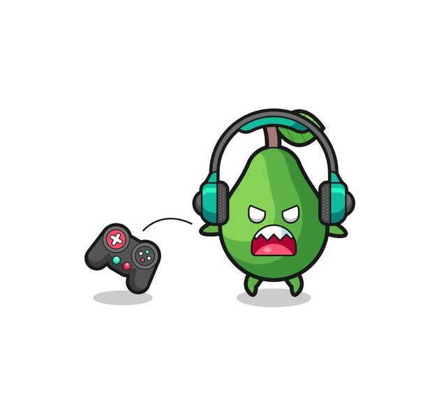 Avocado gamer mascot is angry , cute design