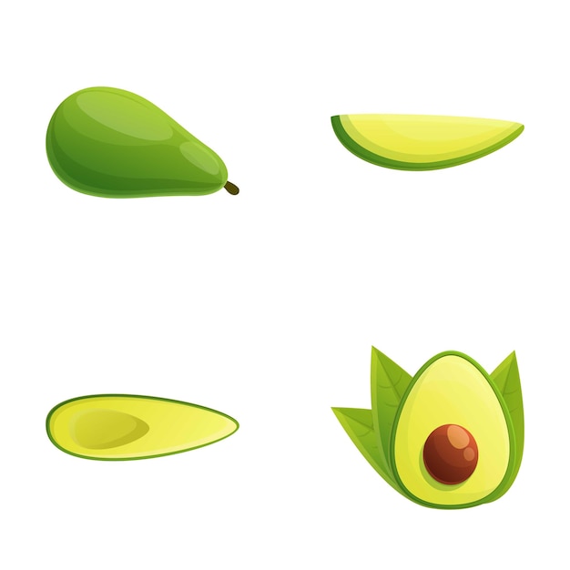 Avocado icons set cartoon vector Whole and cut in half avocado with pit Exotic fruit healthy nutrition