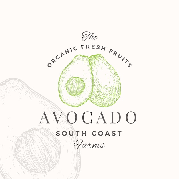 Vector avocado logo template fruit sketch retro typography premium plantbased vegan food emblem isolated