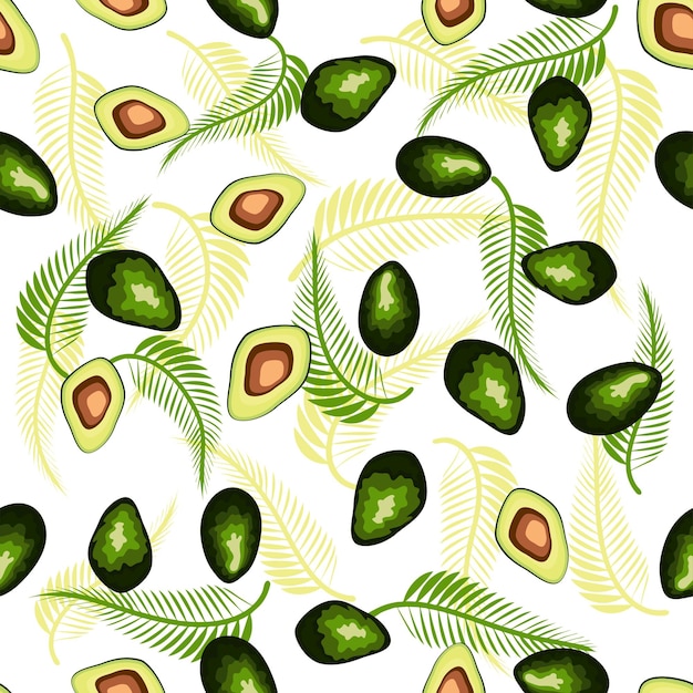 Avocado naadloos patroon Gehele en gesneden avocado met bladeren en bloemen