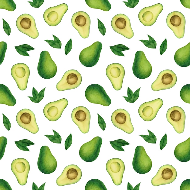 Avocado naadloze patroon achtergrond met avocado helften en bladeren Vector