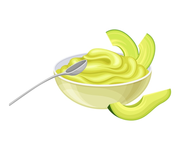 Avocado Paste in Bowl with Slices as Brazilian Cuisine Dish Vector Illustration