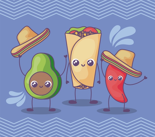 Avocado and pepper with mexican hat kawaii