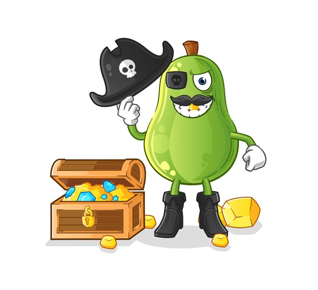 Pirata di avocado con mascotte del tesoro. vettore del fumetto