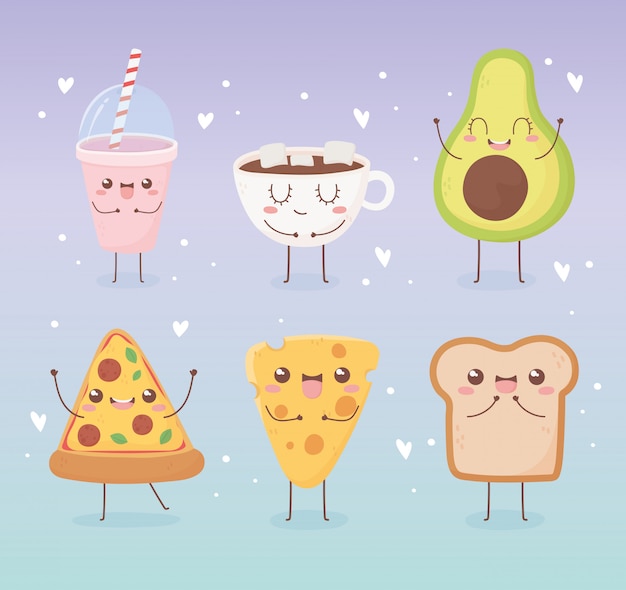 Avocado pizza kaas brood chocolade cup kawaii voedsel cartoon Characterdesign