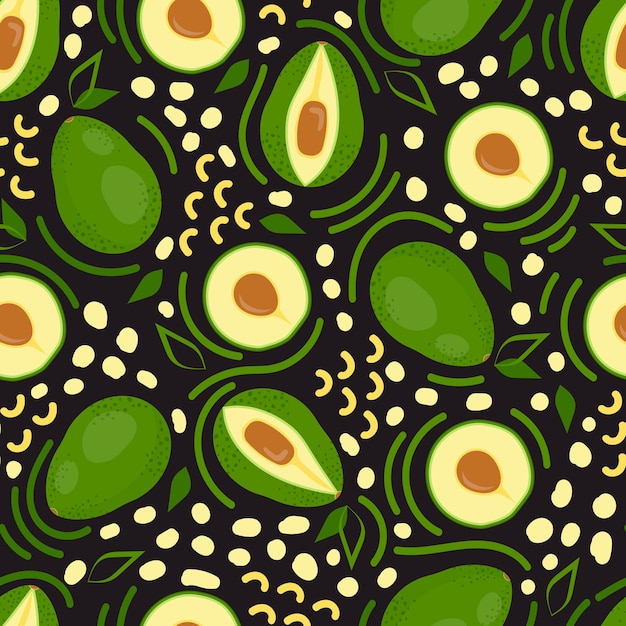 Vector avocado seamless pattern on a dark background