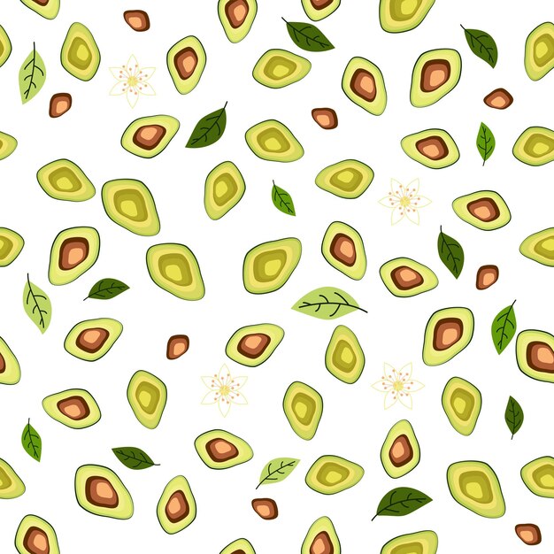 Avocado seamless pattern Whole and sliced avocado with leaves and flowers