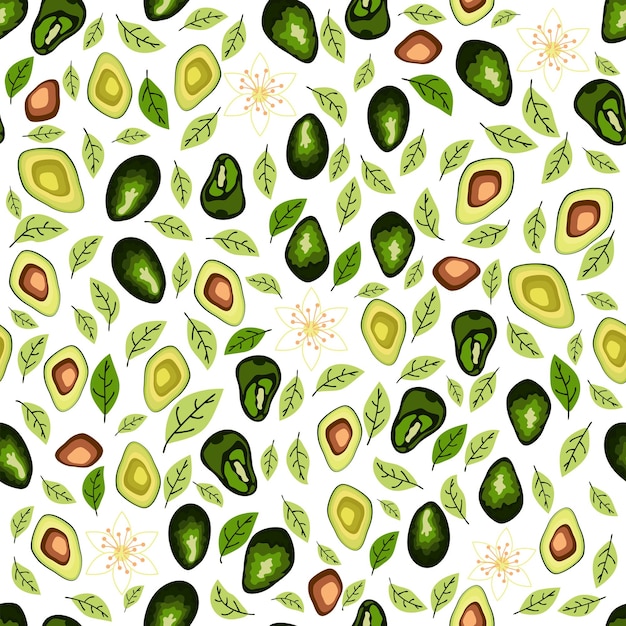 Avocado seamless pattern Whole and sliced avocado with leaves and flowers