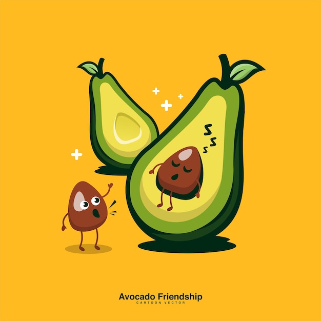 Il personaggio dei semi di avocado sveglia il suo amico simpatico cartone animato mascotte illustrazione vettore