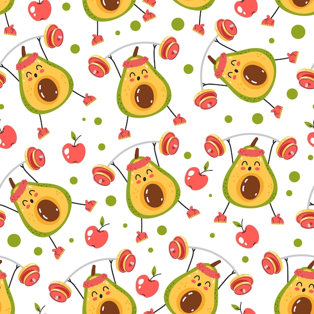 Avocado sport gym character seamless repeat wrap cover pattern background illustration