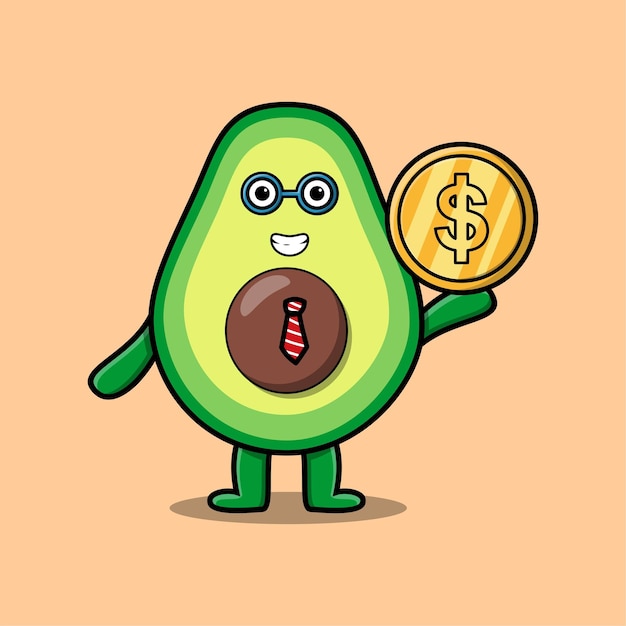 Avocado succesvolle zakenman met gouden munt cartoon vector afbeelding