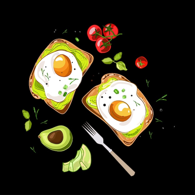 Vector avocado toast and fried eggs on a dark background vector foodtop view of healthy avocado toast