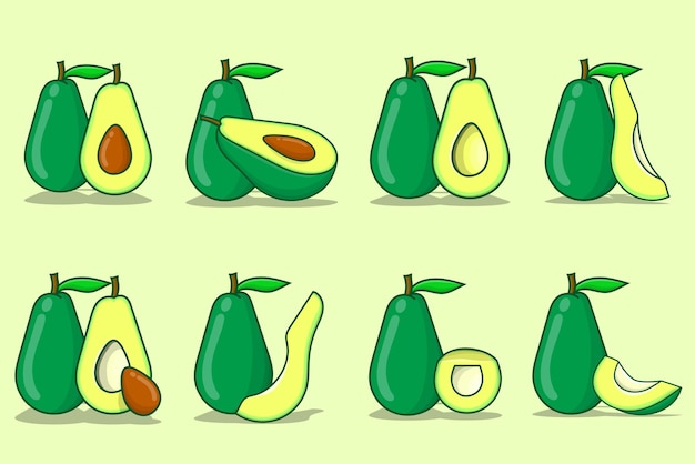 Avocado vector illustratie set. collectie van gesneden avocado geïsoleerd fruit met gele achtergrond