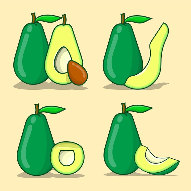 Набор векторных иллюстраций авокадо. коллекция нарезанных изолированных фруктов авокадо с желтым фоном