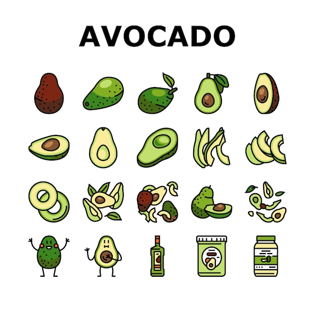 Avocado voedsel groene halve pictogrammen instellen vector