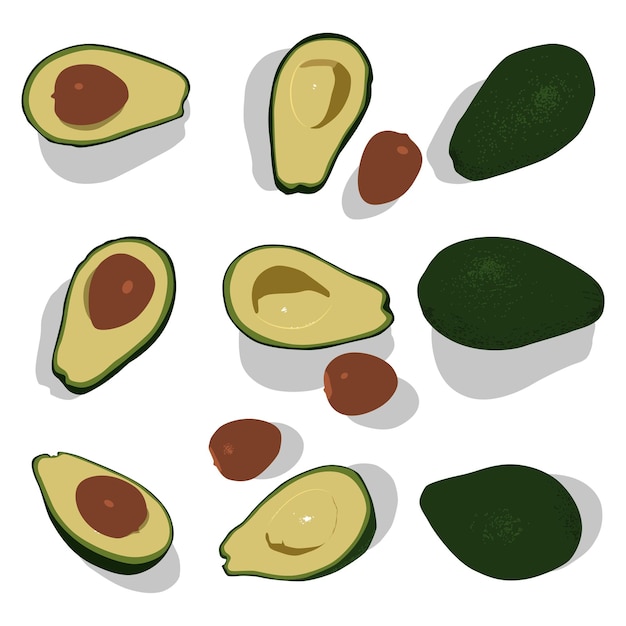 Avocado intero e mezzo set di cartoni animati isolato su uno sfondo bianco.