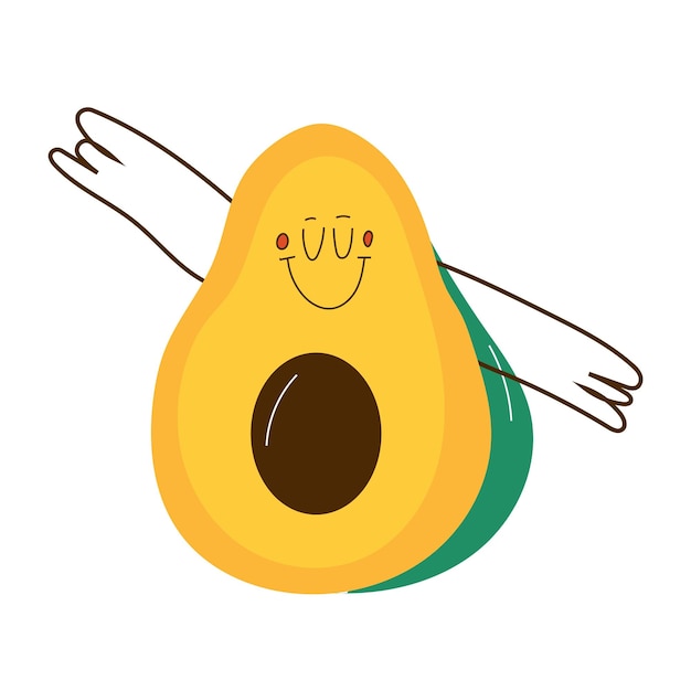 Avocado con emozioni del viso, mani e gambe. illustrazione vettoriale alla moda disegnata a mano per bambini.