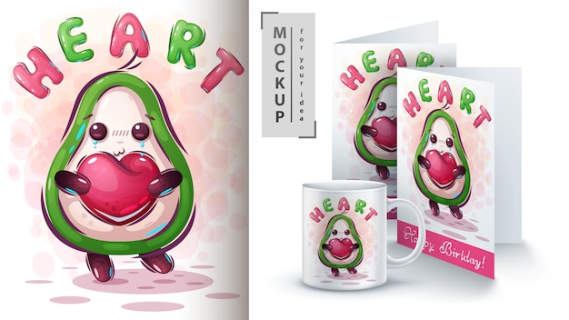 Vettore avocado con illustrazione del cuore e merchandising