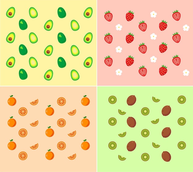 Vector avocodo, strawberry, orange and kiwi fruits flatdesign pattern background