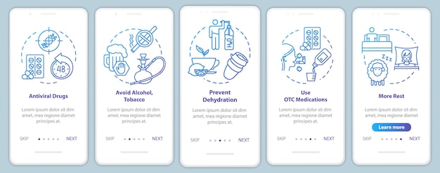 Avoid bad habits onboarding mobile app page screen with concepts. Medication, drugs. Influenza prevention walkthrough 5 steps graphic instructions. UI vector template with RGB color illustrations