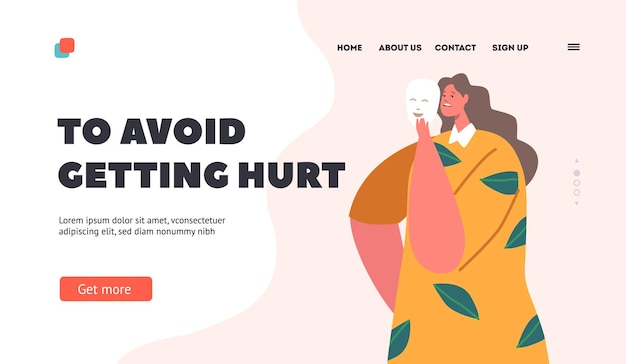 avoid getting hurt landing page template sad woman hide her face behind of smiling mask upset female character problem