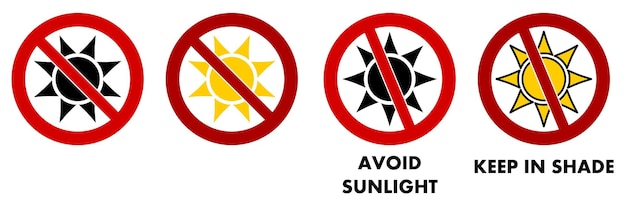 直射日光を避け、日陰に保管してください。赤い十字の円が付いた太陽のアイコン。