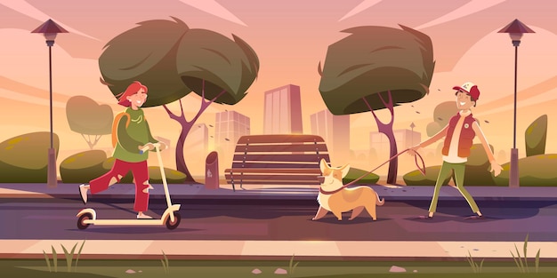 Avond landschap van stadspark met lege bank en gelukkige mensen rijden scooter en wandelen hond cartoon vectorillustratie