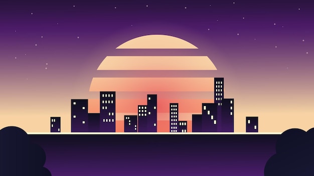 Avond stad in retro stijl nacht skyline van de stad