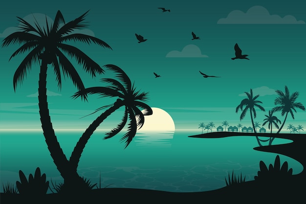 Avond strand platte vectorillustratie