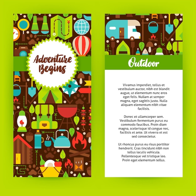 Avontuur begint flyer-sjabloon. platte ontwerp vectorillustratie van merkidentiteit voor camping promotie.