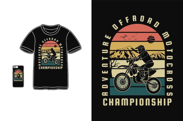 Avontuur off-road motorcross, t-shirt design silhouet retro stijl