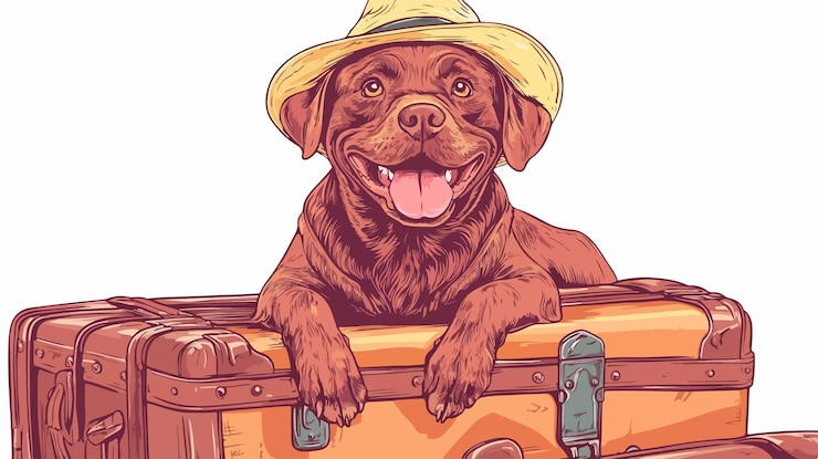Vector avontuurlijke puppy op vintage koffers