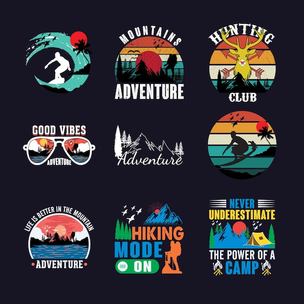 Avontuurlijke reis- en camping-t-shirt ontwerpset