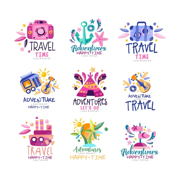 Avontuurlijke reizen happy time logo ontwerp set zomervakantie vakantie toeristenbureau creatieve labels