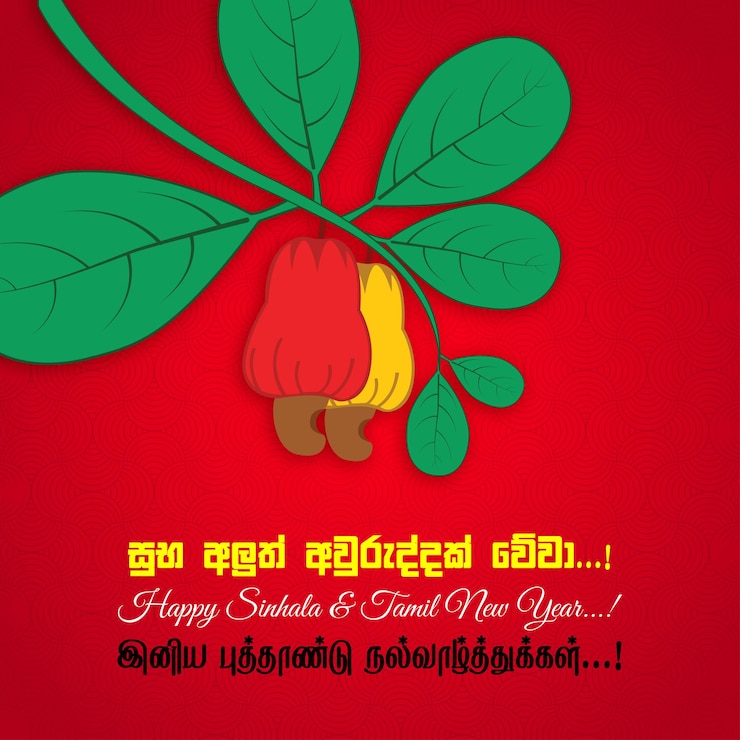 वेक्टर avurudu a greeting card wishing a cashew apple with leaves on a red background