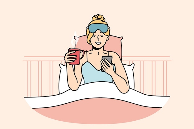 awakened woman chats on cellphone drinks coffee