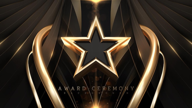 Vector award ceremony background with 3d gold star and ribbon element and glitter light effect decoration