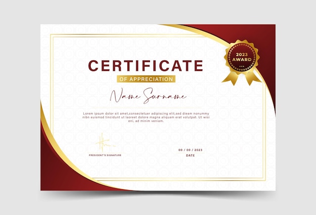 Award certificate template fancy red color gradation with gold border wave