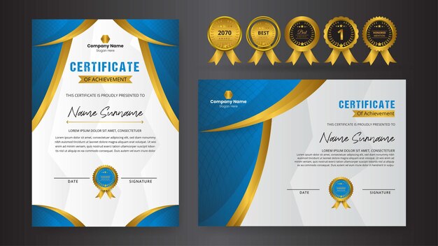 Наградной сертификат с роскошным золотым и синим цветом, золотым значком и шаблоном границы premium векторы