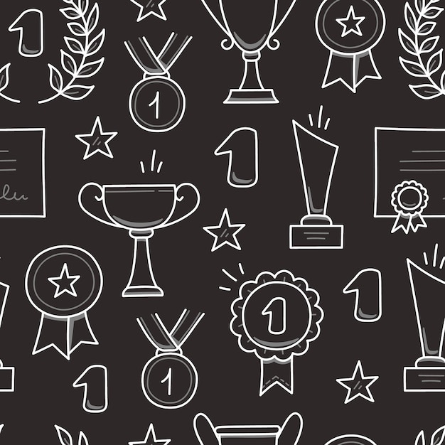 Award doodle hand getrokken naadloos patroon Winnaar trofee cup kampioen medaille win certificaat achtergrond Hand getrokken doodle schets stijl kampioen overwinning succes elementen Vector