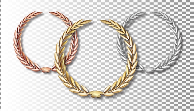 Award laurel set isolated on a transparent background. First, second and third place. Winner template. Symbol of victory and achievement. Gold laurel wreath.