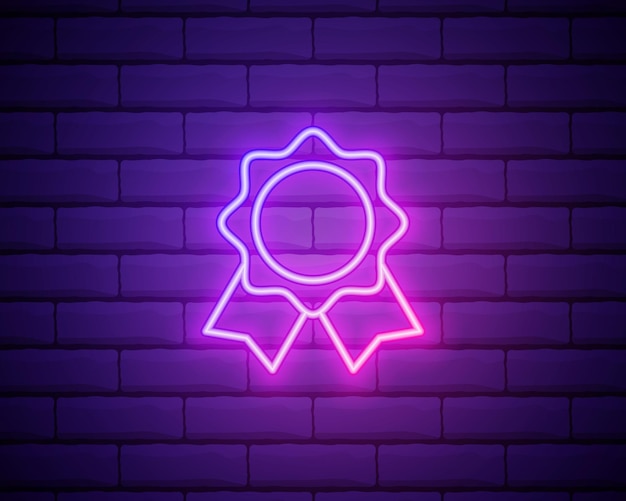 Award medal line icon neon laser lights winner achievement symbol glory or honor sign banner badge with reward icon vector isolated on brick wall