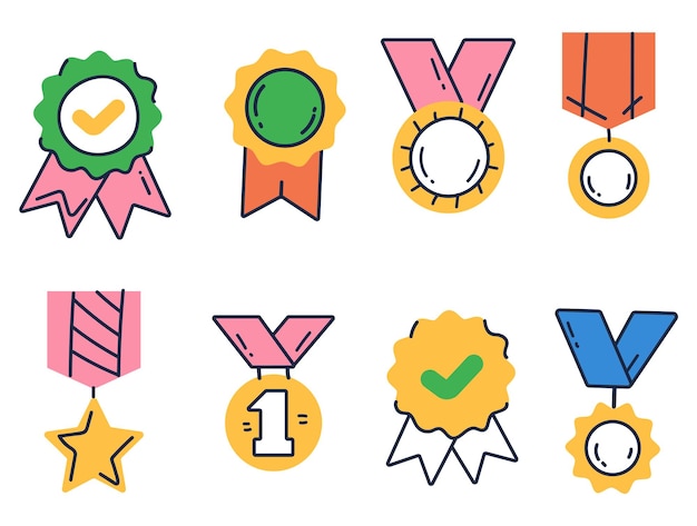 Award medal prize badge line art style trophy abstract isolated set graphic design