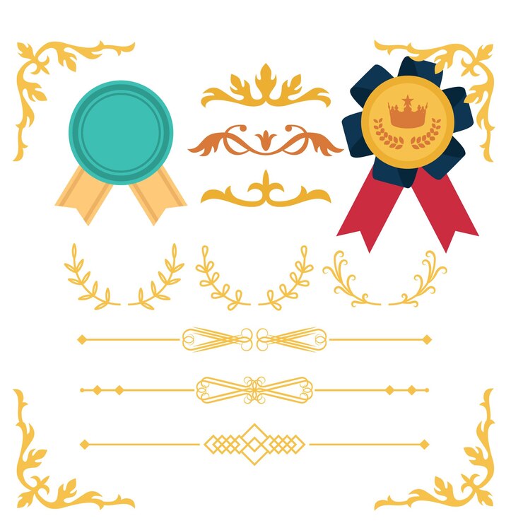 Vector award trophy cup and medal flat icon set color illustration