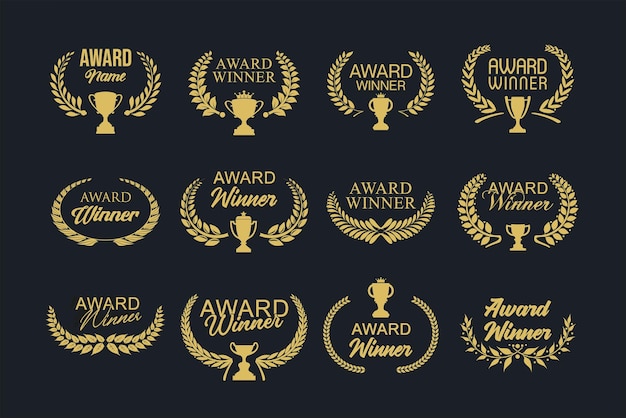 Vector award winner emblem collection of gold laurel wreath on black background