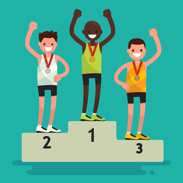 awards ceremony. three athletes with medals on a pedestal.