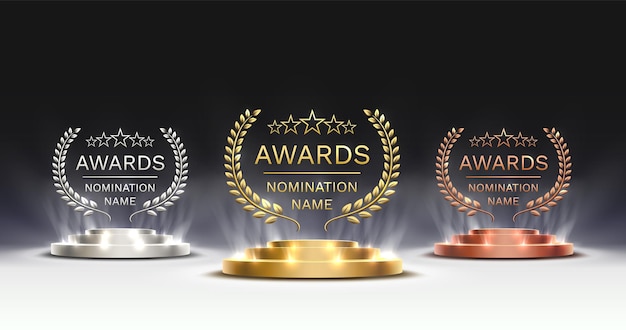 Awards nomination name podium awards golden prize event first place second place third place scene star ceremony vector illustration